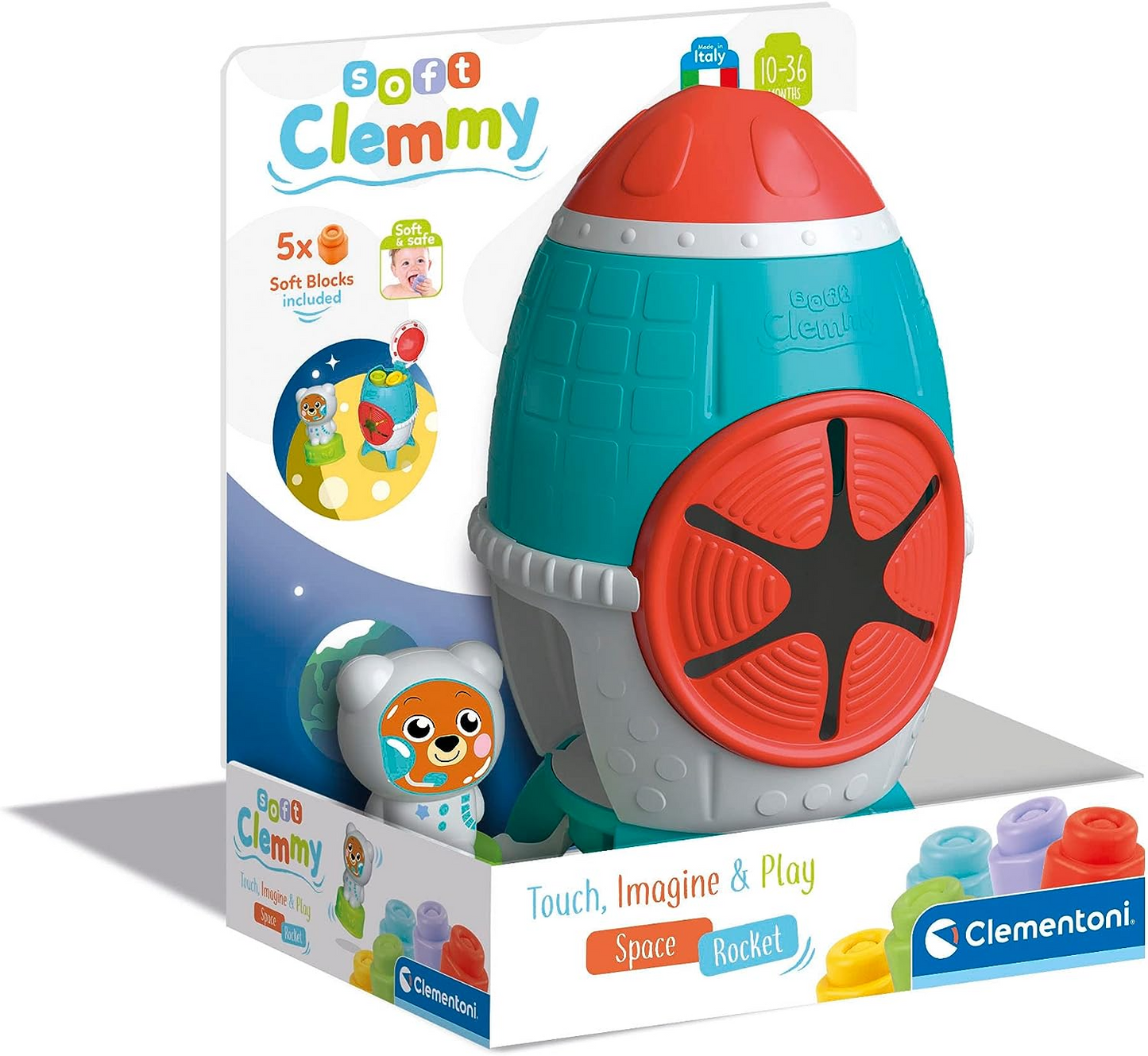 Clementoni 17689 Pelota sensorial Pelota Touch &amp; Play - con 5 Clemmy, bloques de construcción suaves para niños pequeños de 6 meses, lavable, fabricado en Italia, individual, multicolor, M