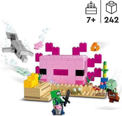 LEGO 21247 Minecraft The Axolotl House Set, base subaquática montável com Diver Explorer, figuras de zumbis e golfinhos e baiacu, brinquedos de aventura para crianças, meninas, meninos com mais de 7 anos