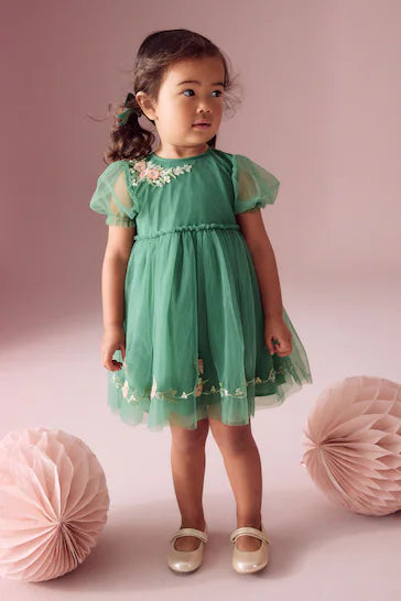 |Niña| Vestido de fiesta de malla verde bordado (3 meses a 10 años)