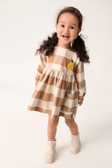 |Girl| Vestido Xadrez Bordado Marrom Canela 100% Algodão (3 meses a 8 anos)