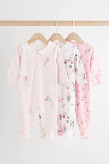 |BabyGirl| Conjunto De 3 Pijamas Para Bebê 100% Algodão - Rosa/Branco (0-2 anos)