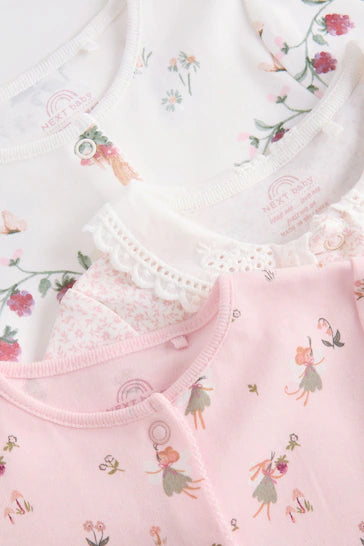 |Niña| Conjunto de 3 Pijamas para Bebé 100% Algodón - Rosa/Blanco (0-2 años)