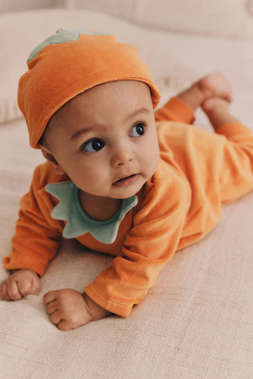 |BabyBoy| Conjunto De Pijama e Chapéu De Veludo Laranja Para Bebê Halloween (0 meses a 3 anos)