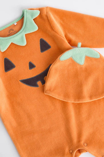 |BabyBoy| Conjunto De Pijama e Chapéu De Veludo Laranja Para Bebê Halloween (0 meses a 3 anos)