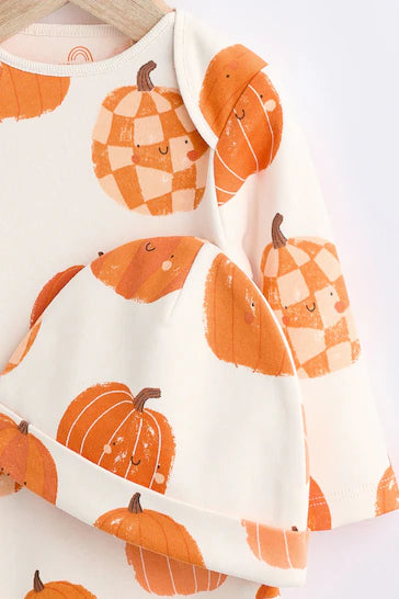 |Niña| Conjunto de mono y gorro para bebé de Halloween con calabaza