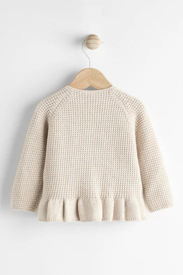 |BabyGirl| Cardigan De Malha 100% Algodão Com Bainha Creme Para Bebê (0 meses a 2 anos)