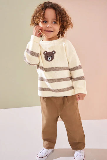 |Boy| Suéter De Malha Com Gola Redonda Creme Cru/Marrom Com Listras De Urso (3 meses a 7 anos)