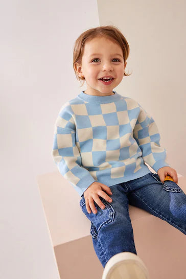 |Boy| Suéter De Malha Xadrez Azul Com Gola Redonda (3 meses a 7 anos)