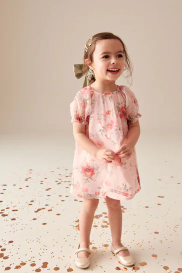 |Niña| Vestido de fiesta de organza floral rosa (3 meses a 8 años)