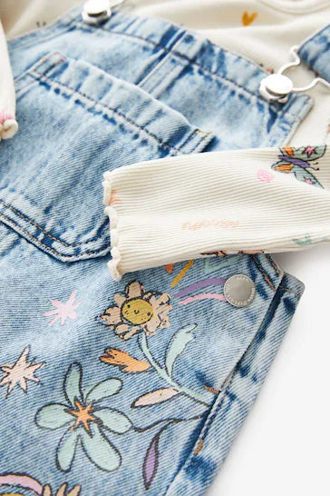 |Niña| Conjunto de mono vaquero con estampado floral (3 meses a 7 años)