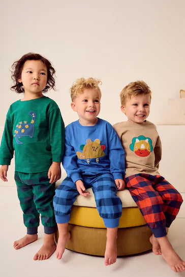 |Niño| Pijama de Cuadros 100% Algodón con Fondo de Cuadros, Pack de 3 – Dinosaurio Verde/Naranja/Azul (9 meses a 8 años)