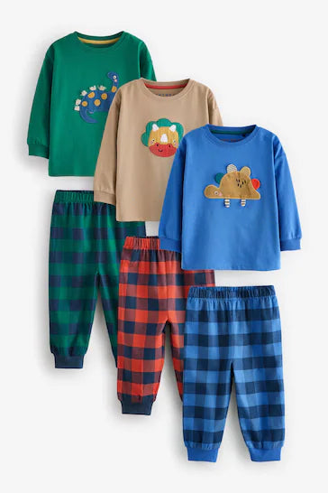 |Niño| Pijama de Cuadros 100% Algodón con Fondo de Cuadros, Pack de 3 – Dinosaurio Verde/Naranja/Azul (9 meses a 8 años)