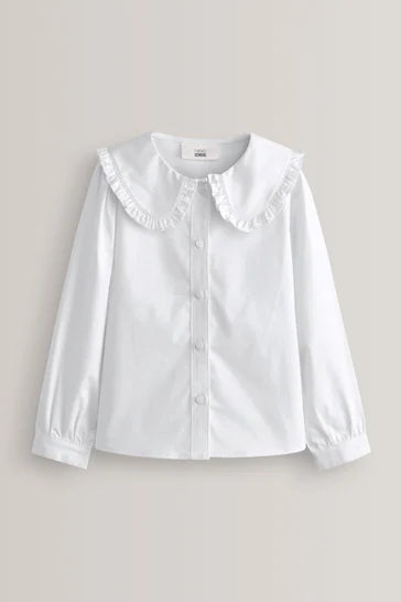 |Niña| Blusa blanca de algodón con bonito cuello y manga larga (3-14 años)