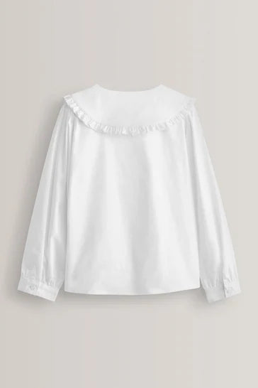 |Niña| Blusa blanca de algodón con bonito cuello y manga larga (3-14 años)