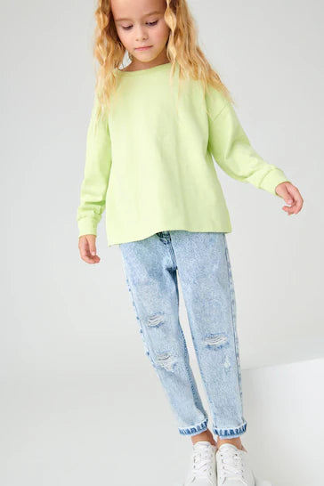 |Girl| Mom Jeans - Bleach Wash Distressed (3-16 anos)