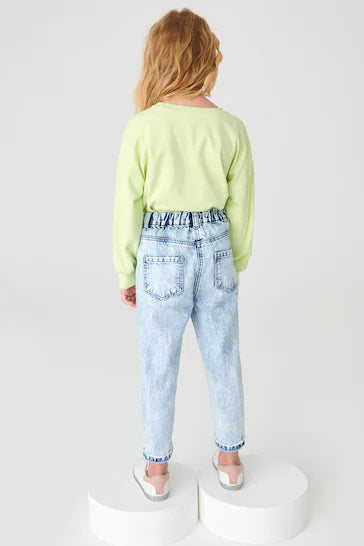 |Girl| Mom Jeans - Bleach Wash Distressed (3-16 anos)