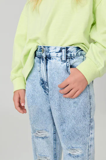 |Girl| Mom Jeans - Bleach Wash Distressed (3-16 anos)