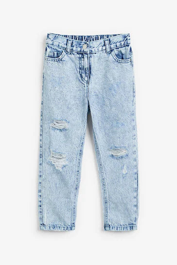 |Girl| Mom Jeans - Bleach Wash Distressed (3-16 anos)