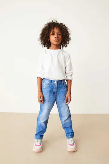 |Girl| Mom Jeans - Bright Blue Distressed (3-16 anos)