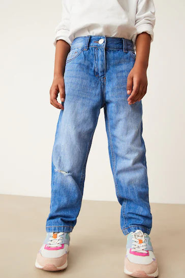 |Girl| Mom Jeans - Bright Blue Distressed (3-16 anos)