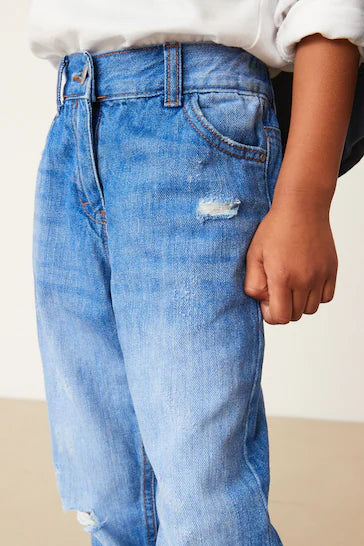 |Girl| Mom Jeans - Bright Blue Distressed (3-16 anos)