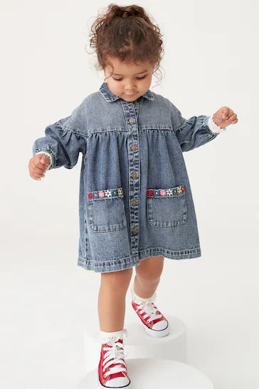 |Girl| Vestido camisa de algodão - Blue Denim Embroidered (3 meses a 8 anos)