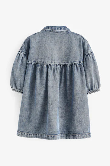 |Niña| Vestido camisero de algodón - Azul Denim Bordado (3 meses a 8 años)