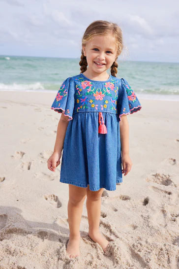 |Girl| Vestido Kaftan Bordado Jeans Azul (3 meses a 10 anos)