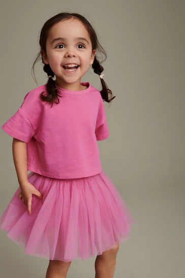 |Girl| Conjunto de camiseta e saia rosa brilhante (3 meses a 7 anos)