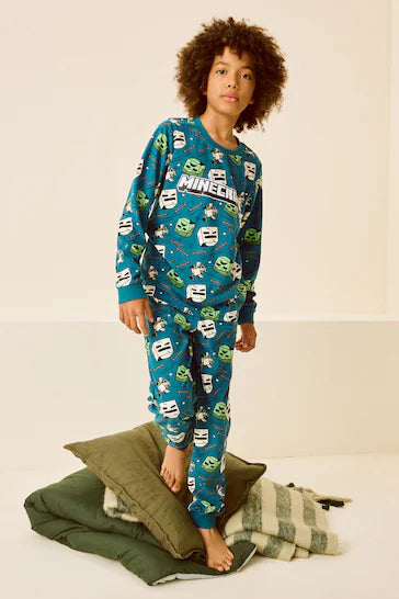 |BigBoy| Pijama De Lã De Toque Macio Unico Minecraft Azul-Petróleo Com Elastano (5 a 16 anos)