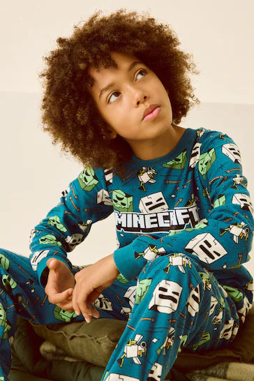 |Chico Grande| Unique Minecraft Pijama verde azulado de tejido polar suave al tacto con spandex (5 a 16 años)