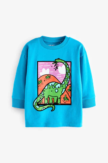 |Niño| Camiseta de manga larga con personaje, 100% algodón, dinosaurio azul (3 meses a 7 años)