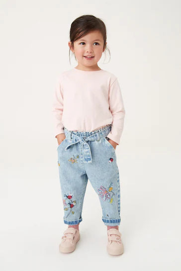 |Niña| Jeans casual con bordado de mariquita azul mediano (3 meses a 7 años)