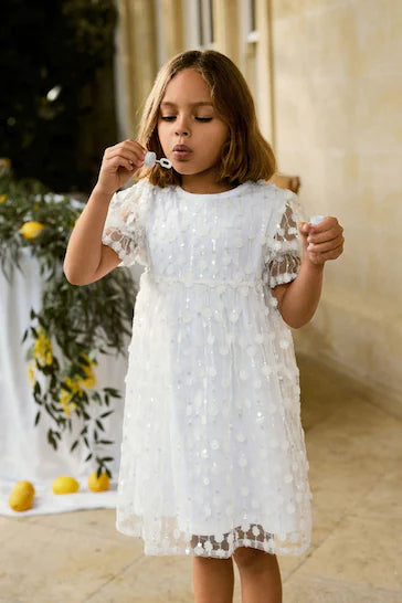 |Girl| Vestido De Malha Brilhante - White Sequin Flower (3 a 16 anos)