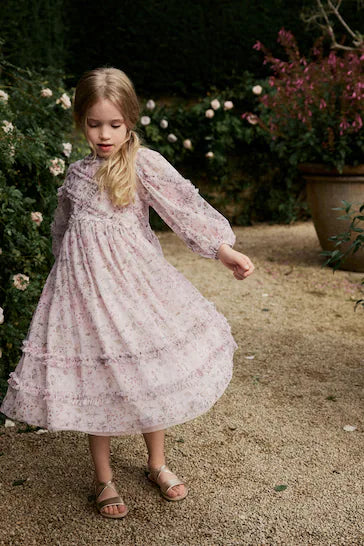 |Niña| Vestido de malla suave de manga larga con estampado floral en color crudo (3-16 años)