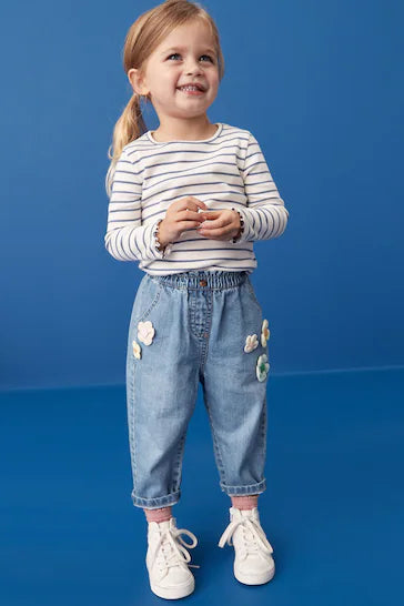 |Niña| Jeans Casual Con Flores 3D Azul Medio (3 meses a 7 años)