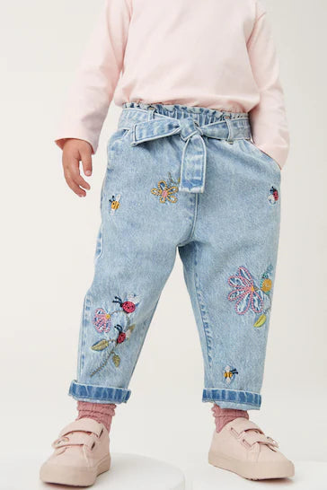 |Niña| Jeans casual con bordado de mariquita azul mediano (3 meses a 7 años)