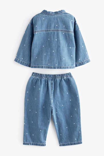 |Girl| Conjunto Camisa E Calça - Mid Blue Denim (3 meses-7 anos)