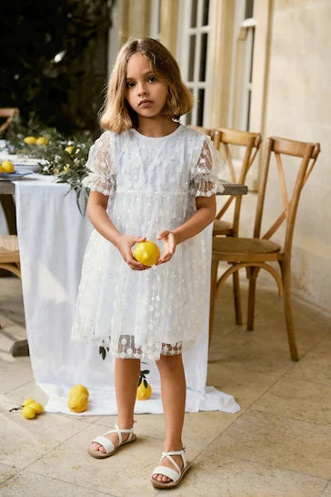 |Niña| Vestido Rejilla Brillante - Flor Lentejuelas Blanca (3 a 16 años)