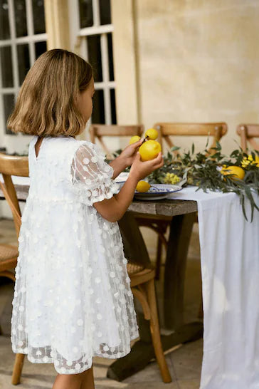 |Niña| Vestido Rejilla Brillante - Flor Lentejuelas Blanca (3 a 16 años)