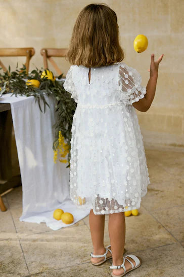 |Niña| Vestido Rejilla Brillante - Flor Lentejuelas Blanca (3 a 16 años)