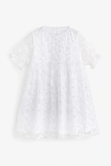 |Girl| Vestido De Malha Brilhante - White Sequin Flower (3 a 16 anos)