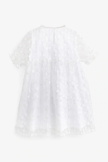 |Girl| Vestido De Malha Brilhante - White Sequin Flower (3 a 16 anos)