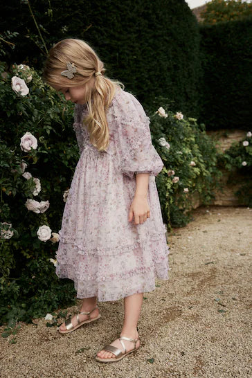 |Niña| Vestido de malla suave de manga larga con estampado floral en color crudo (3-16 años)