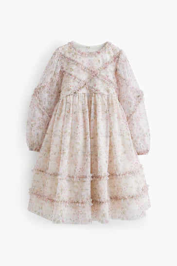 |Niña| Vestido de malla suave de manga larga con estampado floral en color crudo (3-16 años)