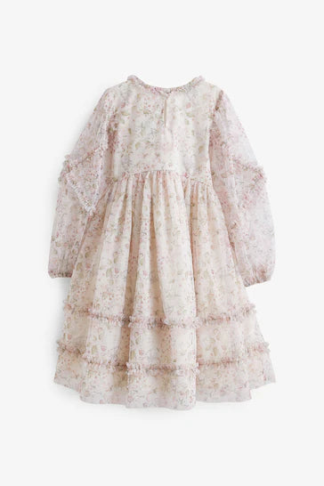 |Girl| Vestido Floral Cru De Manga Comprida Em Malha Macia (3-16 anos)