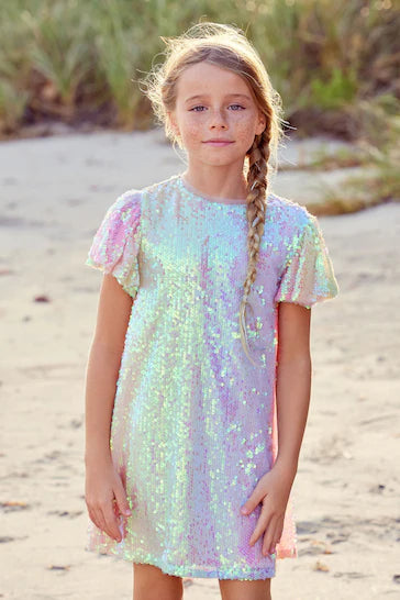 |Girl| Vestido De Festa Com Lantejoulas e Brilho - Pink/Blue/Green Rainbow (3 a 16 anos)