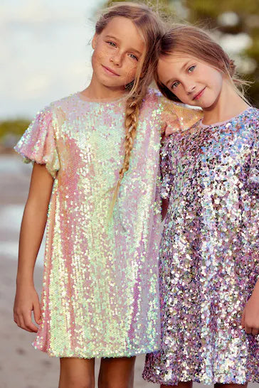 |Girl| Vestido De Festa Com Lantejoulas e Brilho - Lilac Purple/Pastel Rainbow (3 a 16 anos)