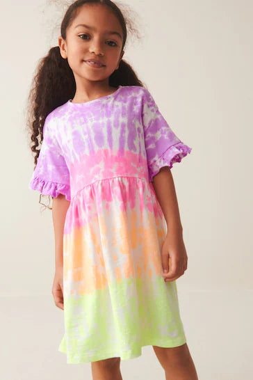 |Niña| Vestido de punto de manga corta - Rosa/Morado/Amarillo Bright Tie Dye (3-16 años)