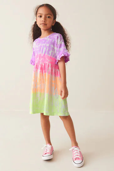 |Niña| Vestido de punto de manga corta - Rosa/Morado/Amarillo Bright Tie Dye (3-16 años)